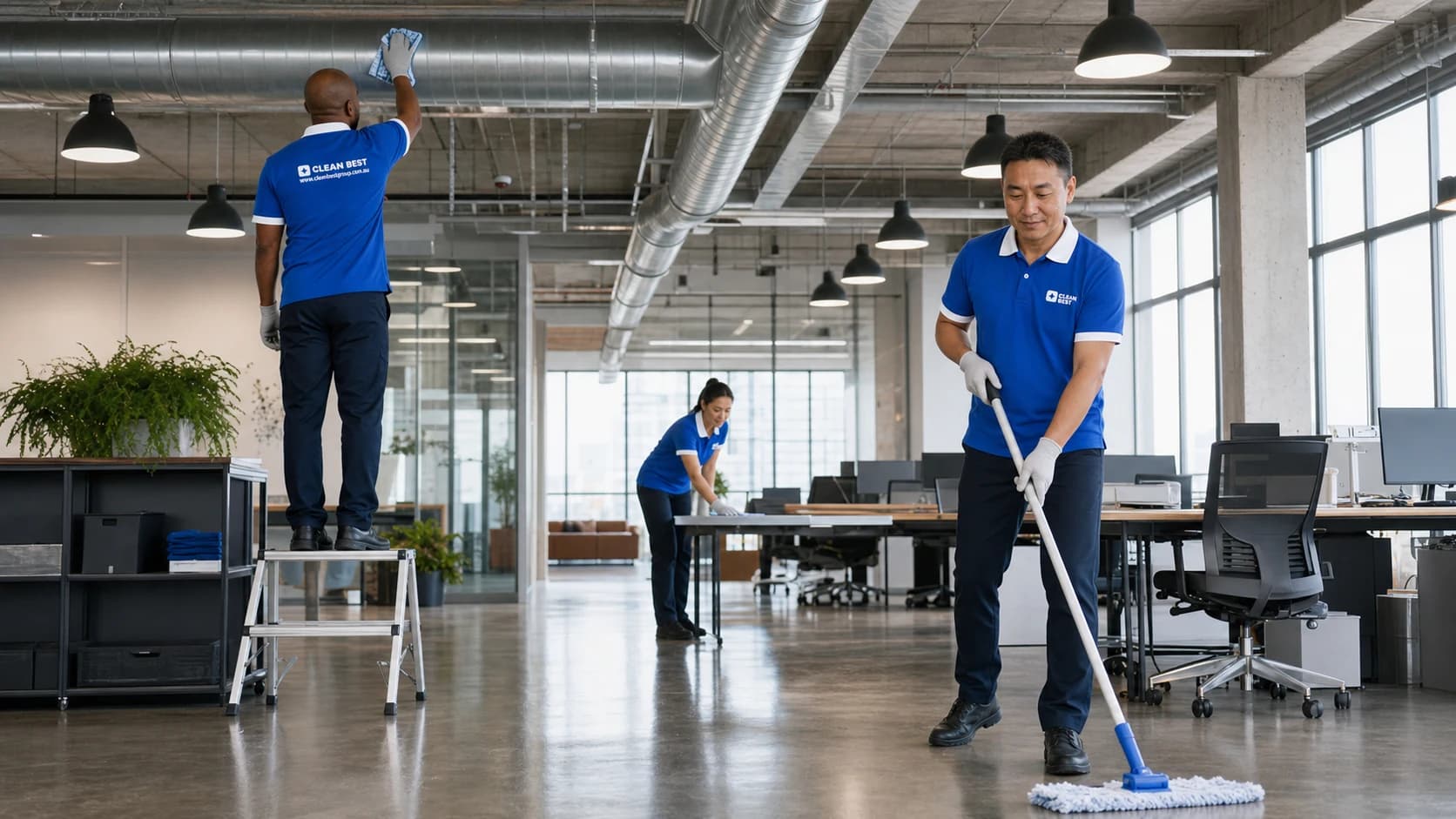Clean Best cleaner wiping down desks in a warehouse front office in Silverwater NSW